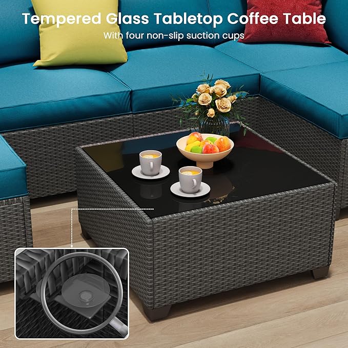 8 Piece Outdoor Patio Furniture Set, Outdoor Sectional Furniture, Rattan & Wicker Modern Modular Conversation Set Sofa Couch W/Water Resistant Washable Thick Cushions and Coffee Table, Peacockblue