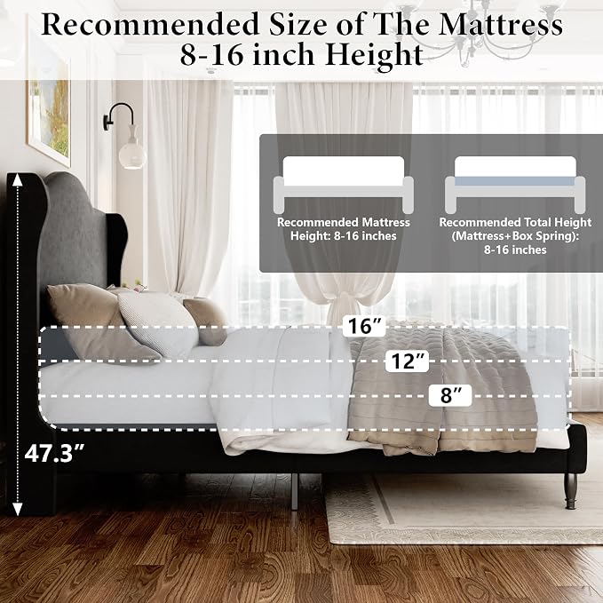 Full Size Bed Frame with Wingback Headboard, Upholstered Velvet Platform Bed Frame, Heavy Duty Wooden Slats Support, Noise-Free, No Box Spring Needed, Minimalist Style, Black