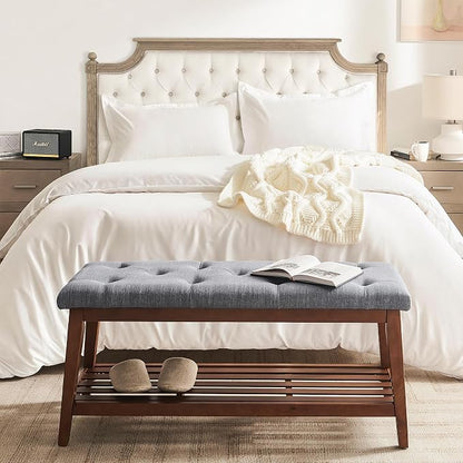 kinmars Upholstered Bench for Bedroom End of Bed,42.5-inch Entryway Bench for Living Room,Dining Bench with Padded Seat and Solid Wood Leg for Kitchen Bedroom,Indoor and Hallway (Shoe Bench, Grey)