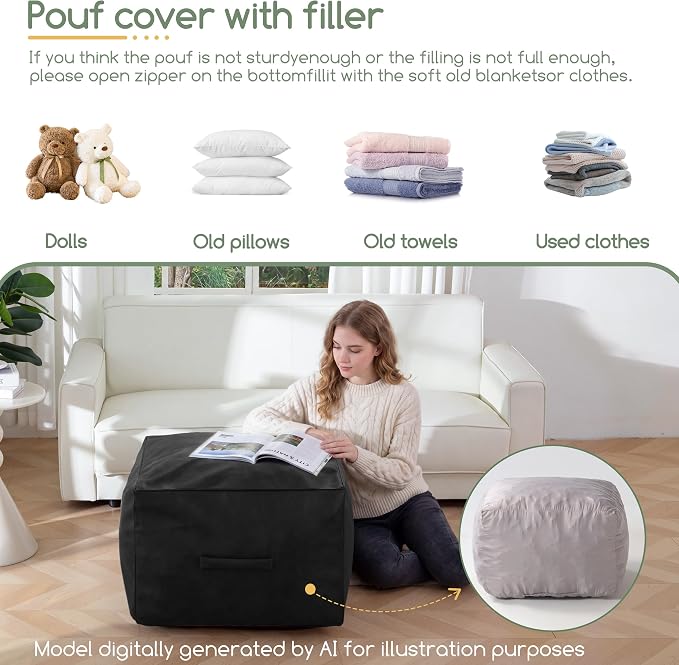 HIGOGOGO Square Stuffed Pouf Ottoman, Pu Leather Poufs with Foam Chunk Filling, Furry and Fluffy Pouf Foot Stool Storage Ottoman,20 X 14 Inches Floor Poufs Foot Rest for Living Room, Black