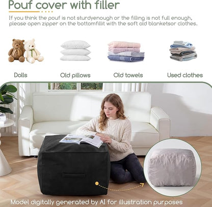 HIGOGOGO Square Stuffed Pouf Ottoman, Pu Leather Poufs with Foam Chunk Filling, Furry and Fluffy Pouf Foot Stool Storage Ottoman,20 X 14 Inches Floor Poufs Foot Rest for Living Room, Black