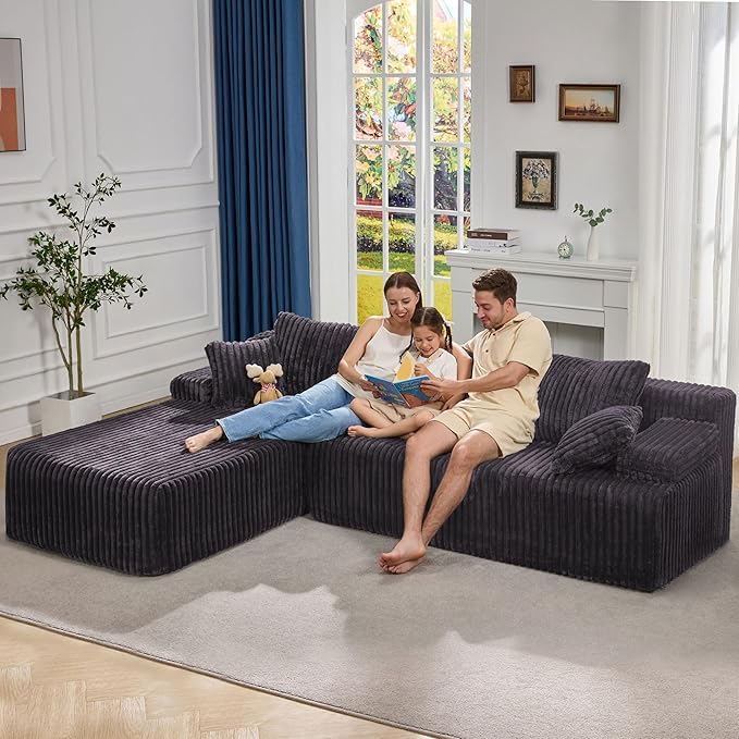 Hobestluk Boneless Couch Modular Sectional Sofa L-Shape Oversized Chaise | 108" Left Facing Chaise Darkgrey,Memory Foam,Removable Cover,Non-slip Bottom,No Assemble Required,Living Room Furniture