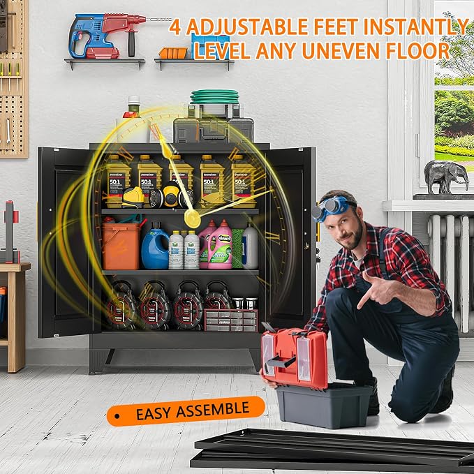 Metal Tool Storage Cabinet with Doors and Adjustable Shelves, Small Locking Garage Storage Cabinet, Black Steel Tool Cabinets with Leveling Feet for Garage, Basement, Office, Utility Room