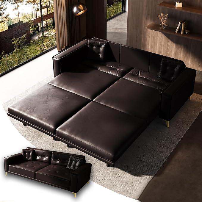 92.1'' King Pull Out Sofa Bed, Convertible Futon Couch, 3-in-1 Faux Leather Sleeper Sofa with Tufted Back, 2 Pillows, Gold Legs, Deep Folding Loveseat for Living Room, Apartment, Dark Brown