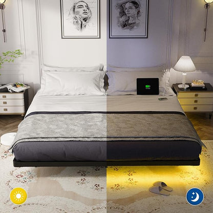 OLEVS King Size Floating Bed Frame, Metal Platform, with LED Light and Charging Station, No Box Spring Needed, Noise-Free, Easy Assembly