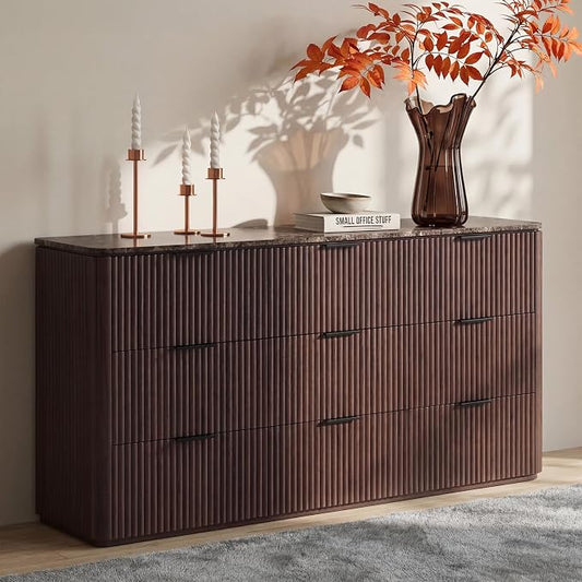 Dresser for Bedroom with 9 Drawers, 63"W Chest of Drawers, Fluted Dresser with Faux Marble Top, Curved Profile Design, Metal Handle, Wood Closet Storage Organizer for Living Room, Hallway, Dark Oak