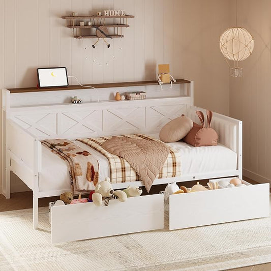 IRONCK Twin Size Daybed with Storage Drawers, Sturdy Metal Bed Frame with X-Shaped Headboard and Charging Station, Upholstered Farmhouse Daybed for Living Room, Bedroom, and Guest Room, White/Walnut