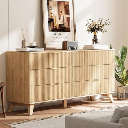 Fluted Dresser with 6 Drawers, 53.43 Inch Wood Double Dresser with Metal Handles Curved Design Wide Storage Organizer Cabinet Modern Chest Dressers for Bedroom Living Room Hallway(Oak)