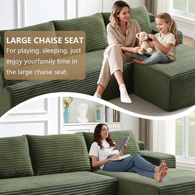 96.1" Modular Sectional Sofa Couches L-Shape Couch 3 Seat Modular Sofa Corduroy Memory Foam Sectional Boneless Couches for Living Room, Cloud Couch with Oversized Chaise(Green, Right Facing)