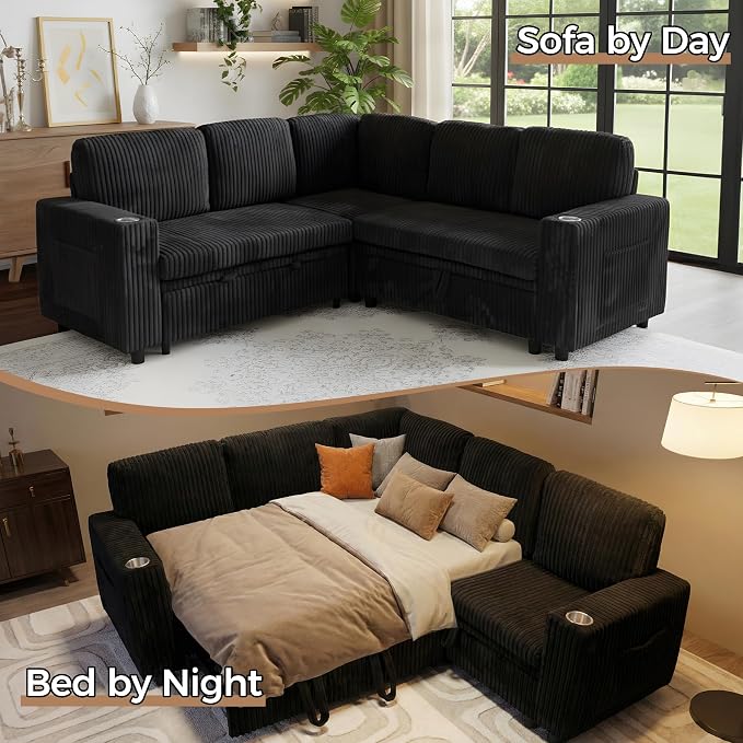Sectional Sleeper Sofa with Pull Out Bed, 5-Seat L-Shaped, Black | Plush Corduroy Modular Couch with Hidden Storage, USB Charging & Cup Holders, Cozy Small Sectional Couches for Living Room.