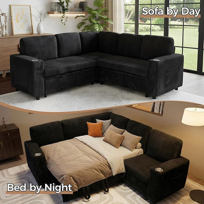 Sectional Sleeper Sofa with Pull Out Bed, 5-Seat L-Shaped, Black | Plush Corduroy Modular Couch with Hidden Storage, USB Charging & Cup Holders, Cozy Small Sectional Couches for Living Room.