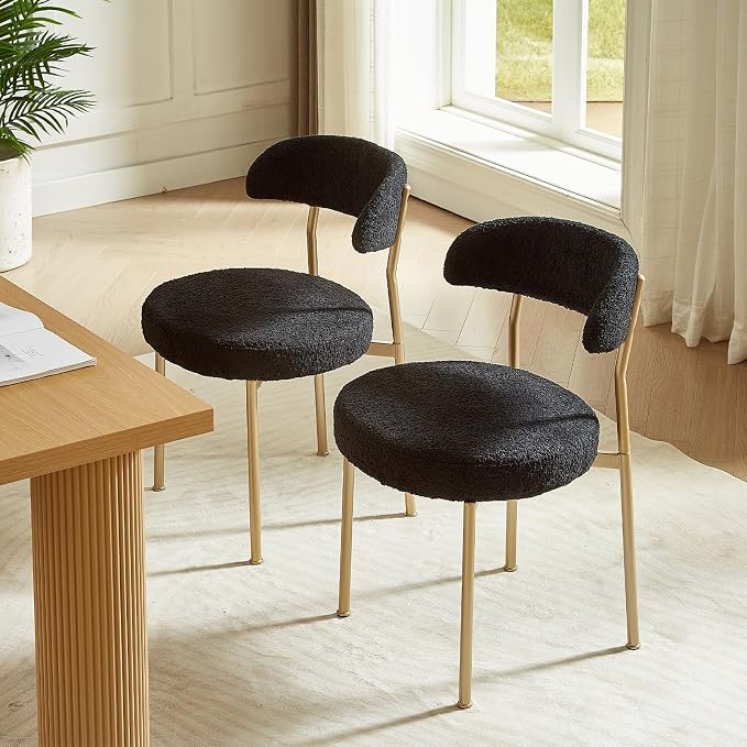 SoarFlash Dining Chairs, Black Boucle Dining Chairs Set of 4, Kitchen Dining Room Chairs Curved Backrest Upholstered Mid Century Modern Chairs with Golden Metal Legs