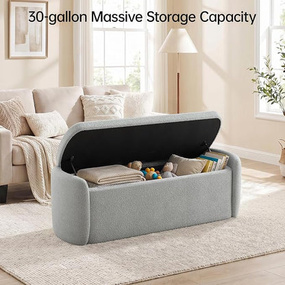VKNOW 51" Storage Ottoman Bench, Upholstered End of Bed Bench with Smooth Hinges, Oval Large Ottoman Bench for Bedroom, Living Room and Hallway Entryway, Grey