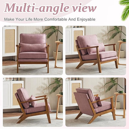 VINGLI Solid Wood Wide Armrests Accent Chair,Upholstered Mid Century Modern Chair with Pillow,Comfy Reading Chair Farmhouse Arm Chair,Chairs Living Room,Bedroom,Guest Room,Linen Fabric,Peachy Red