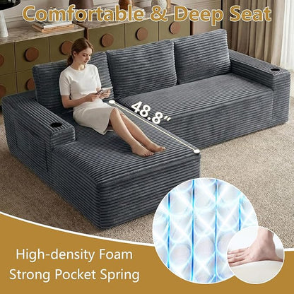 104" Cloud Sectional Couch L-Shaped with Side Pockets Cup Holders, Corduroy Boneless Couch for Living Room,Upholstered Deep-Seat Modular Sectional Sofa, No Assembly Required (Grey,Left Facing Chaise)