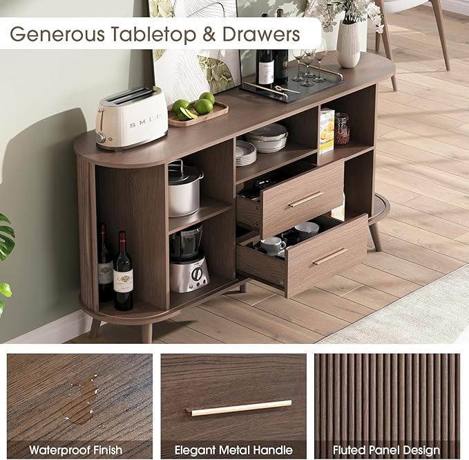 JOINICE Walnut Sideboard Buffet Cabinet with Storage for Dining Room，63" | Mid-Century Modern Storage Cabinet,2 Drawers&Fluted Sliding Doors,Solid Wood Legs,adjustable shelf,supports up to 100 lbs