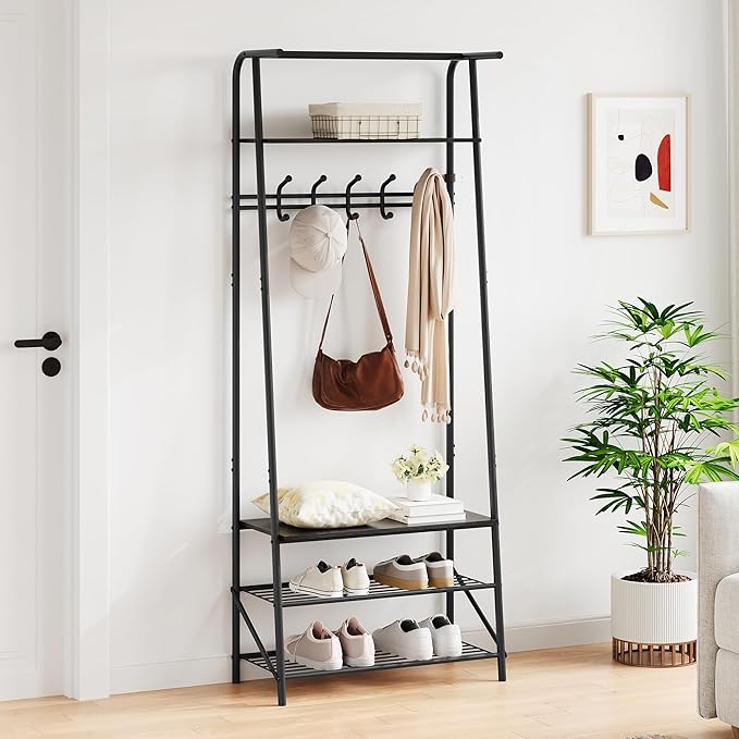 OUTLANE Entryway Hall Tree with 5 Hooks, Shoe Bench & Storage Shelf, Coat Rack Organizer with Wood Accents and Metal Frame for Entryway, Living Room, Bedroom, Black-Single row