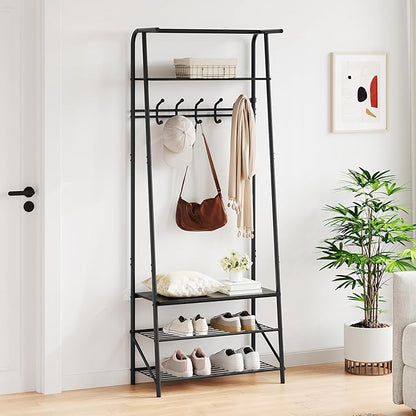 OUTLANE Entryway Hall Tree with 5 Hooks, Shoe Bench & Storage Shelf, Coat Rack Organizer with Wood Accents and Metal Frame for Entryway, Living Room, Bedroom, Black-Single row