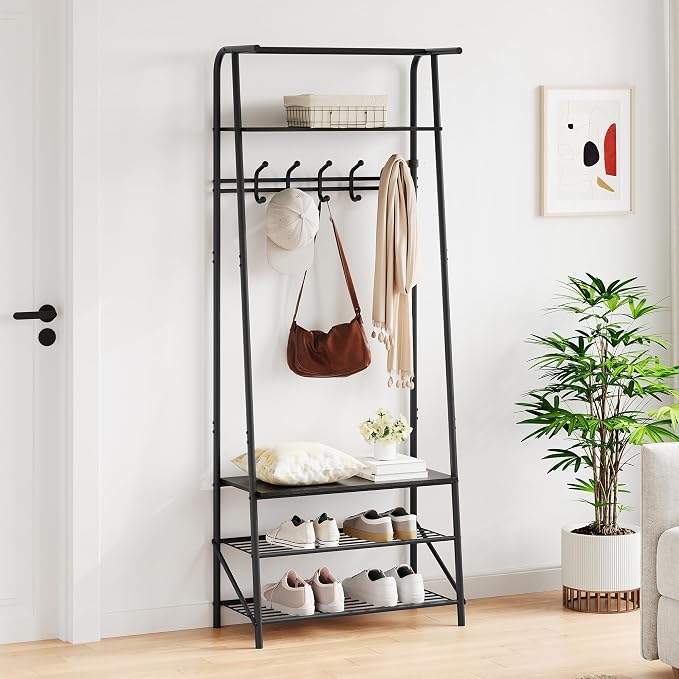 MDF Hall Tree with Bench, 4-in-1 Entryway Coat Rack with Storage Shelf & Shoe Organizer, Sturdy Freestanding Furniture for Living Room, Bedroom, Mudroom
