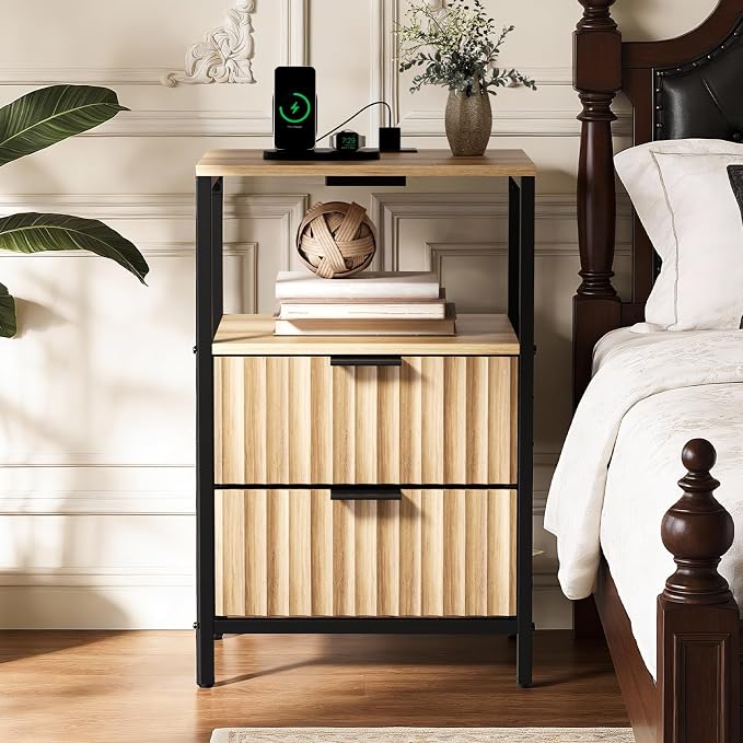 VINGLI Nightstands Set of 2 with Fabric Drawers, Fluted Nightstand with Charging Station, Oak Night Stand Set 2, Bed Side Tables with Drawers Fabric, End Tales Bedroom with Charger Station