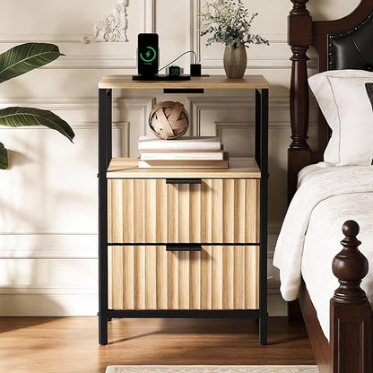 VINGLI Night Stand with Charging Station and Fabric Drawers, Fluted Nightstand Oak with 2 Drawers, Bed Side Table/End Table for Bedroom, 14.96" W*11.81" D*23.78" H
