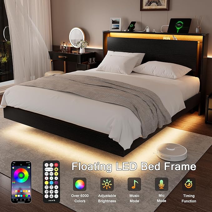 Einhomn Full Size Bed Frame with LED Lights & Charging Station – Kids Wood Floating Bed Frame with Storage Headboard, Adhesive Slats, Kick-Free & Noise-Free Design, Easy Assembly, Black
