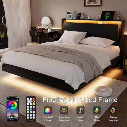 Einhomn Full Size Bed Frame with LED Lights & Charging Station – Kids Wood Floating Bed Frame with Storage Headboard, Adhesive Slats, Kick-Free & Noise-Free Design, Easy Assembly, Black