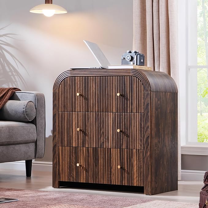 T4TREAM Fluted Dresser with 3 Drawers, 32" Tall Modern Chest of Drawers with Thickened Curved Profile Design, Wood Closet Clothes Storage Organizer for Bedroom, Living Room, Hallway, Dark Walnut