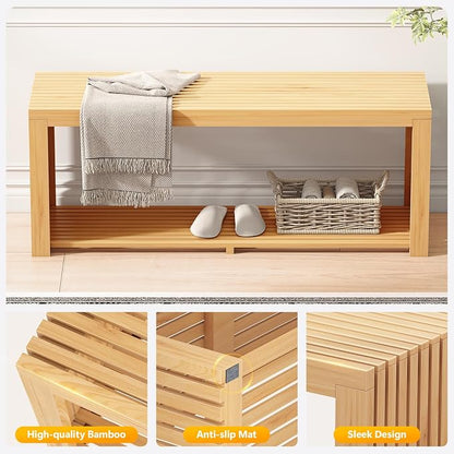 Bamboo Bench with Shelf, 35'' Entryway Bench Seat, Natural | Shoe Bench for Entryway, Hallway, Doorway, Modern Benches for End of Bed Bench, Low Bench for Window