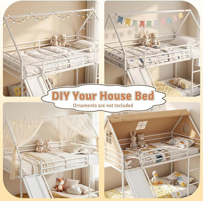 Bunk Bed with Slide, Twin Over Twin Bunk Bed with Ladder and Guardrail, Space Saving & Heavy Duty House Loft Bed for Kids, No Box Spring Needed(White)