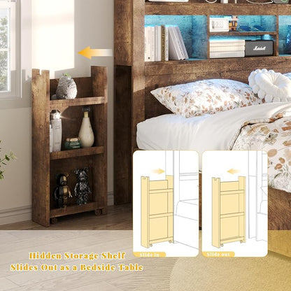 LUXOAK California King Bed Frame with 49.6" Bookcase Headboard & 2 Bedside Stoage Racks & 4 Drawers, Farmhouse Wood Bed Frame with RGB LED & Charging Station, No Box Spring Needed, Rustic Brown
