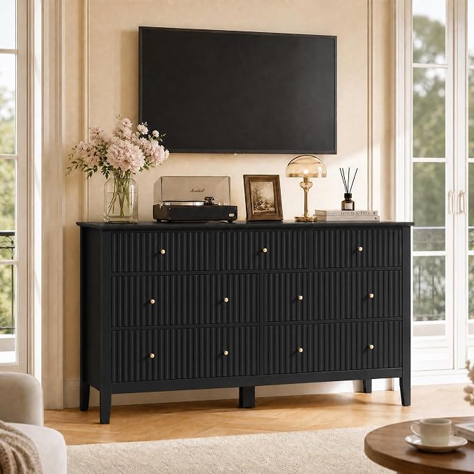 RoyalCraft 7 Drawer Dresser for Bedroom, 53" Wide Modern Wooden Chest of Drawers with Metal Handles, Painted Surface, Sturdy and Stable Storage Cabinet for Living Room, Black
