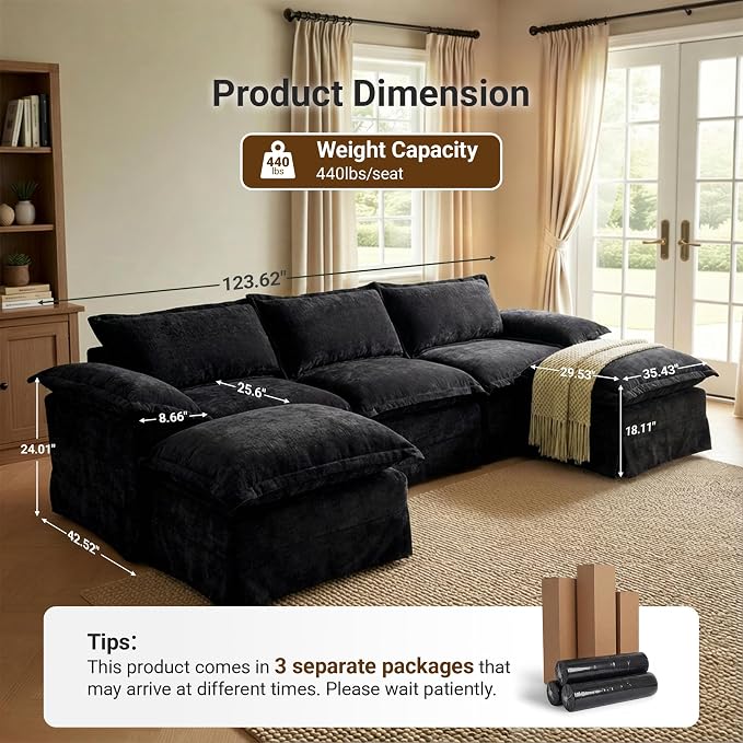 Claiks 123" Modular Boneless Couch, U Shaped Couch for Living Room, Modern Deep Seat Sofa 3 Seater Chenille Fabric Comfy Cloud Couches with Movable Ottoman, Black