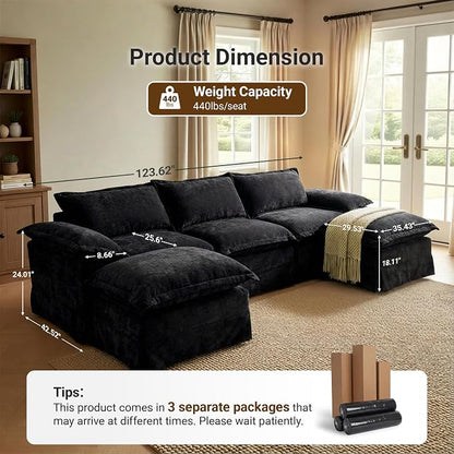 Claiks 123" Modular Boneless Couch, U Shaped Couch for Living Room, Modern Deep Seat Sofa 3 Seater Chenille Fabric Comfy Cloud Couches with Movable Ottoman, Black