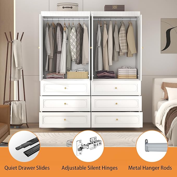 Wooden Wardrobe Closet with Doors: 75" Tall White Armoire Wardrobe Closet with 6 Drawers and 4 Doors, Modern Clothes Cabinets for Bedroom Armoires with Hanging Rod (6-Drawers, 63")
