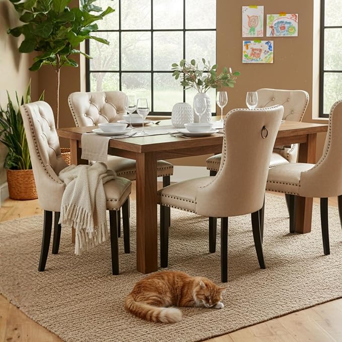 CIMOTA Beige Leather Dining Chairs Set of 4 Mid Century Modern Dining Room Chairs Tufted Upholstered Kitchen Dining Chairs Comfortable Side Chairs with Nailhead Trim/Ring Back (PU /4PCS)