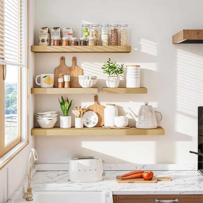 Vivelove 55 Inch Floating Shelves for Wall, 55x9 Display Shelves for Bathroom Living Room Kitchen Bedroom Office Farmhouse Home Decor - Set of 2, Oak