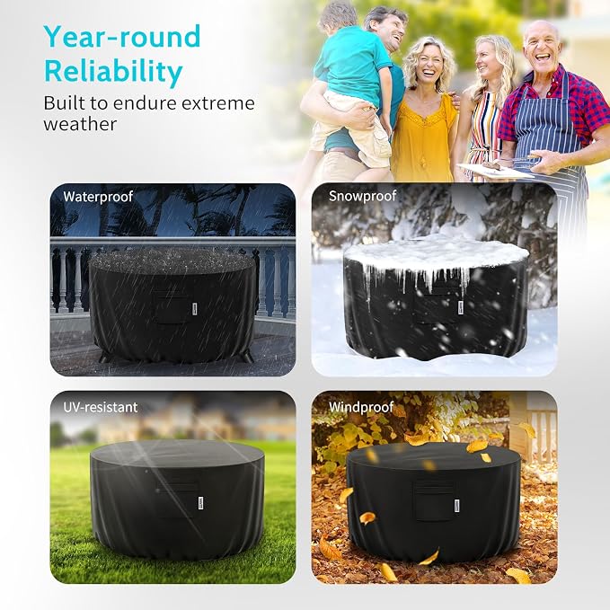 40" Round Fire Pit Cover – Heavy-Duty Waterproof Oxford, Buckle Straps, Air Vents & Drawstring – Windproof & UV-Resistant for Worry-Free Year-Round Protection on Patio Fire Pits & Tables