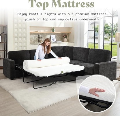 AMERLIFE 106" Oversized Sofa Bed, Sectional Sleeper Sofa with Pull Out Bed, 3 in 1 Convertible Sofa Bed, L Shaped Couch with Storage, High Resilience Mattress, Chenille Grey
