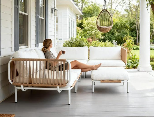 Crestlive Products Outdoor Patio Furniture Set, 4 Seater Modular Oversized Patio Conversation Set with Cushions, Modern Metal Sectional Outdoor Couch for Backyard, Deck, Porch, or Poolside, Beige