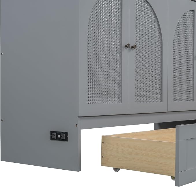 Ball & Cast Murphy Bed Queen Size Bedroom Folding Wall Cabinets Frame with Large Drawer and USB Ports,Hideaway Bed w/Tri-Fold Mattress Design,for Guest Room,Study,Office,Gray