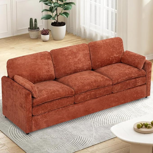 89” Chenille Sofa w/Arm Pillows, Upholstered 3-Seater Sofa w/Comfortable Back Cushions, Modern 3 Seats Couch w/High-Density Foam for Living Room, Apartment, Office, Orange