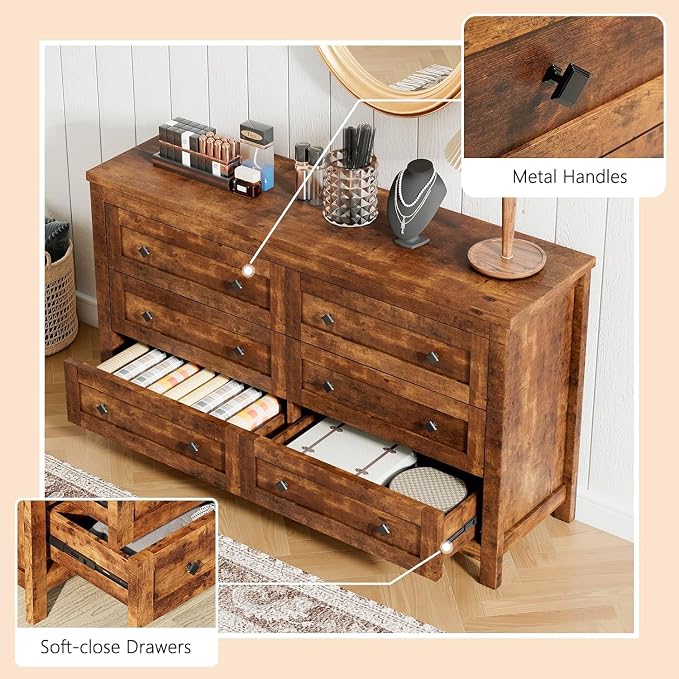 LUXOAK 5-Piece Bedroom Set, Queen Bed Frame with Headboard, 6 Drawer Dresser & 5 Drawer Chest, Nightstand Set of 2 with Charging Station, Farmhouse Bedroom Furniture, Rustic Brown