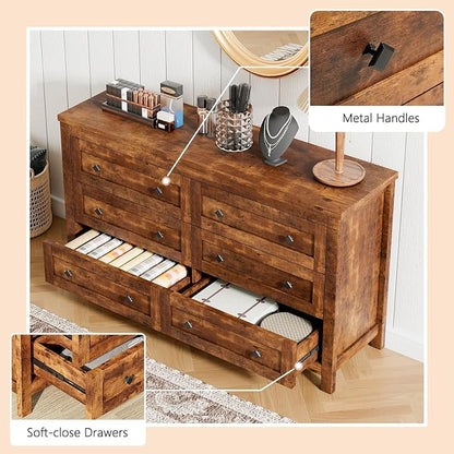 LUXOAK 5-Piece Bedroom Set, Queen Bed Frame with Headboard, 6 Drawer Dresser & 5 Drawer Chest, Nightstand Set of 2 with Charging Station, Farmhouse Bedroom Furniture, Rustic Brown
