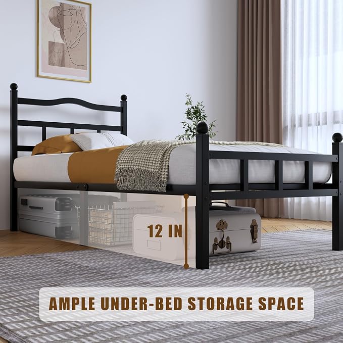 SHOANED 14 Inch Metal Bed Frame - Twin Size Heavy Duty Bedframe with Headboard & Footboard Black Basic Steel Slats Platform No Box Spring Needed/Easy Assembly/Noise Free
