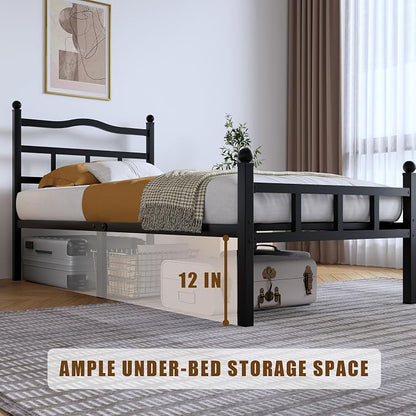 SHOANED 14 Inch Metal Bed Frame - Twin Size Heavy Duty Bedframe with Headboard & Footboard Black Basic Steel Slats Platform No Box Spring Needed/Easy Assembly/Noise Free