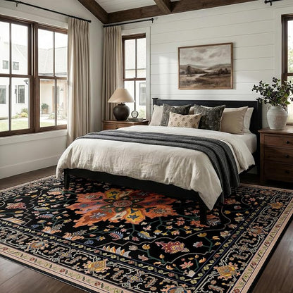 RELEANY Area Rugs 6'x9' Washable Non-Slip, Floral Vintage Distress Medallion Carpet for Living Room Bedroom Dining Room, Black Colorful Floral Dark Tan