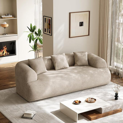 Oversized Sectional Sofa for Living Room, Modern Luxury Plush Chenille 3-Seater Extra Deep & Wide Seat Curved Cloud Couch with 3 Throw Pillows, No Assembly Needed, Light Brown（91 inch）