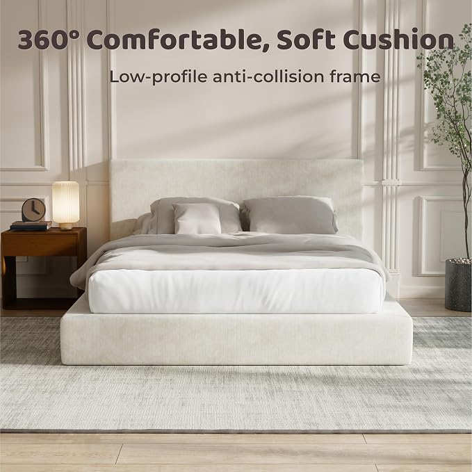 RECCI AirFrame Queen Bed Frame with Headboard, Cloud Upholstered Platform Bed Frame, 5 Inch Foam Cushioned, No Box Spring, Easy Assembly(Beige Chenille)