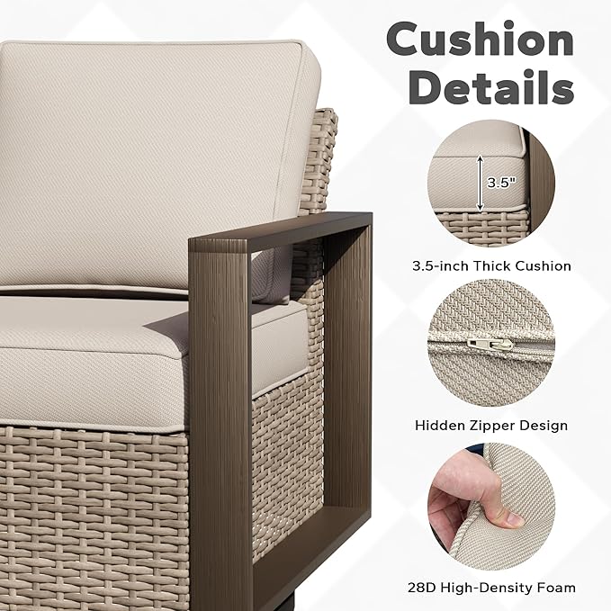Joyside Outdoor Patio Chairs, 8 Pieces Wicker Rattan Furniture Set, 4 Patio Chairs, 1 Sofa, 2 Ottoman and 1 Table, Metal Wide Armrest, Thick Cushions and Deep Seating for Garden, Backyard, Porch
